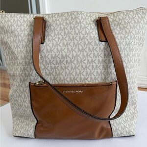 Michael Kors Cream MK Logo Tote with Brown Leather Pocket